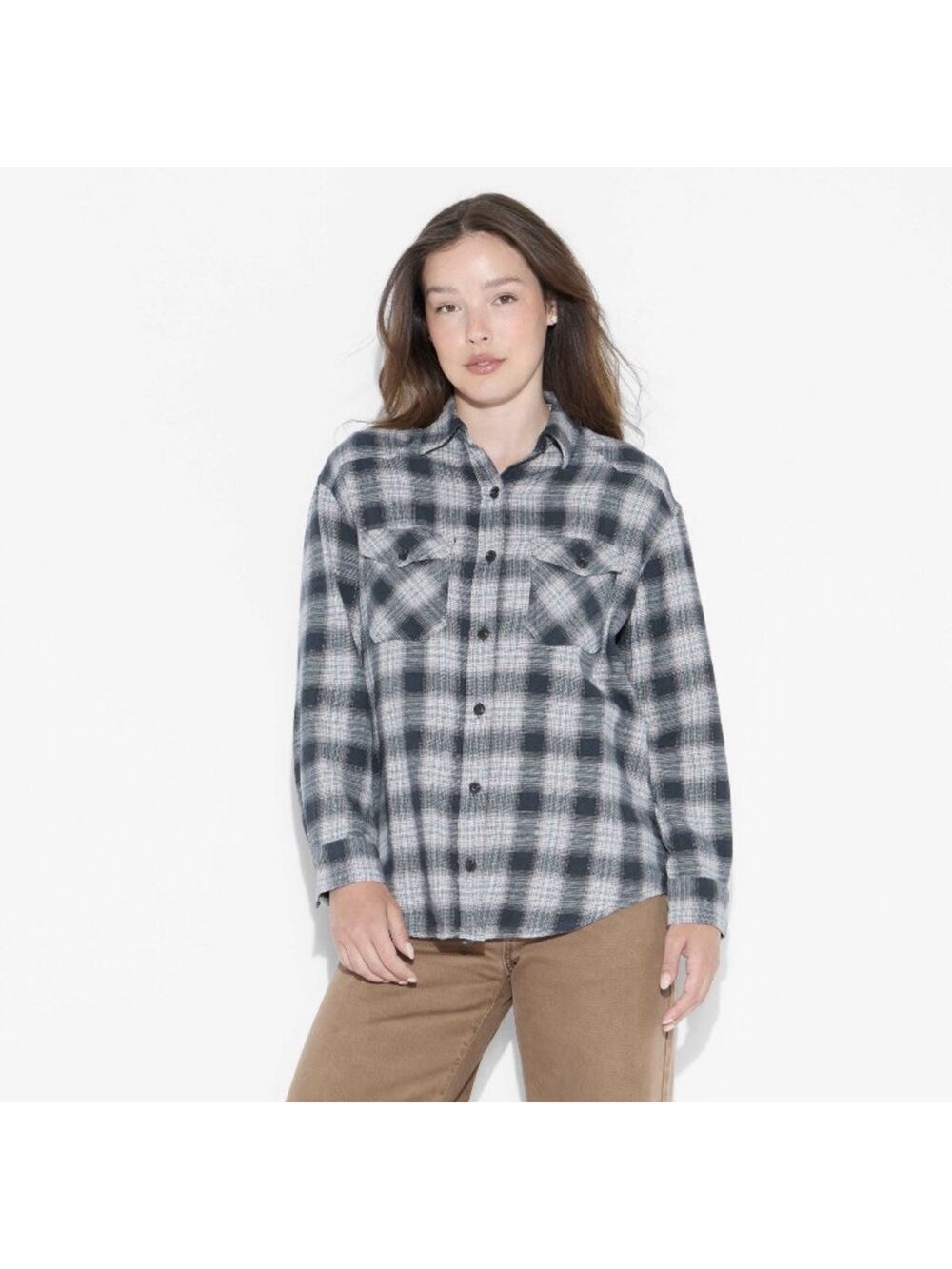 Wild Fable Womens XL Plaid Flannel Shirt Black Gray Button Up Long Sleeve NWT